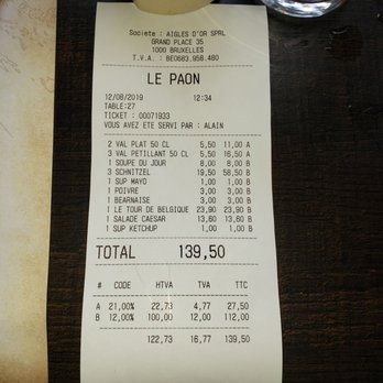 Le Paon - The bill for lunch! - Brasseries Near Me - Brussels, BRU Le Paon - The bill for lunch! - Brasseries Near Me - Brussels, BRU