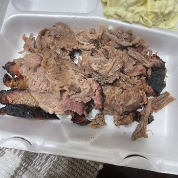 Harris County Smokehouse - A closer look at the left over "sliced" brisket, and store bought potato salad. (-_-) - Barbeque Near Me - Houston, Texas Harris County Smokehouse - A closer look at the left over "sliced" brisket, and store bought potato salad. (-_-) - Barbeque Near Me - Houston, Texas
