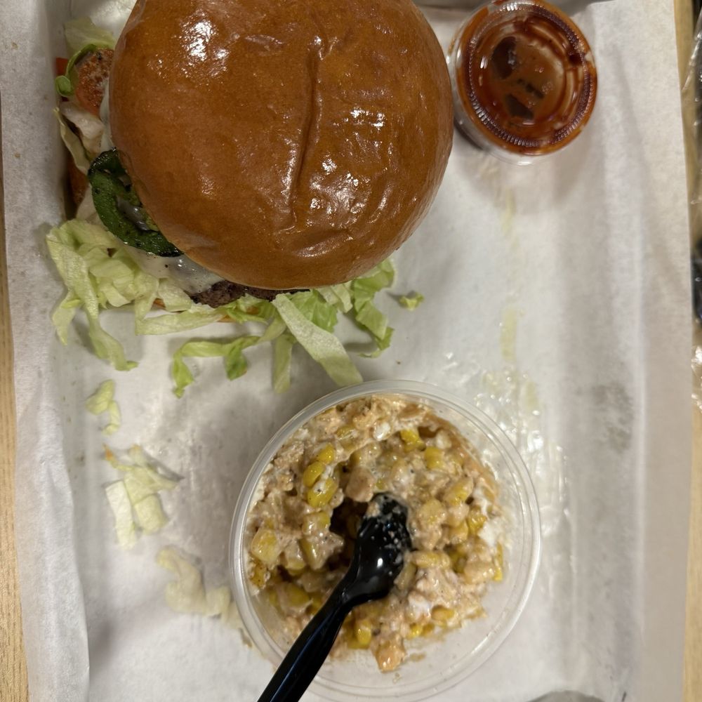 Taco Burger - Pepper jack with jalapeños burger with street corn - American Near Me - Bedford, Texas Taco Burger - Pepper jack with jalapeños burger with street corn - American Near Me - Bedford, Texas