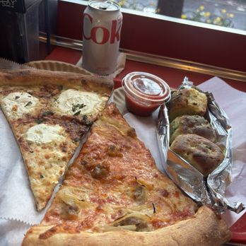 Vito's Slices and Ices - White Slice Sausage & Onion Slice Three Garlic Knots - Pizza Near Me - New York, New York Vito's Slices and Ices - White Slice Sausage & Onion Slice Three Garlic Knots - Pizza Near Me - New York, New York