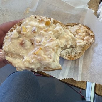 Bighorn Bagels - French toast bagel with seasonal peach cream cheese. - Bagels Near Me - Granby, Colorado Bighorn Bagels - French toast bagel with seasonal peach cream cheese. - Bagels Near Me - Granby, Colorado