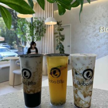 Boba Bliss - Left to right: Brown Sugar Milk Tea, Tropical Passion Fruit Tea, Brown Sugar Fresh Milk - Bubble Tea Near Me - San Jose, California