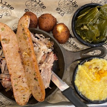 Pig & Grits - Sausage & pulled pork- sides are grits and collard greens. - Barbeque Near Me - Burnsville, North Carolina Pig & Grits - Sausage & pulled pork- sides are grits and collard greens. - Barbeque Near Me - Burnsville, North Carolina