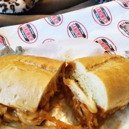 The Foul Ball w/ provolone cheese on a sweet roll.  No veggies but lot's of sauce Mmmm!