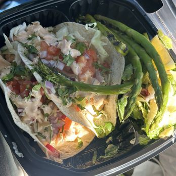 BlueSalt Fish Grill - Two Grilled Salmon Taco Plate with asparagus and Caesar salad - Seafood Near Me - Torrance, California
