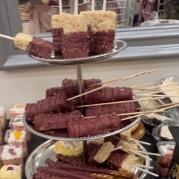 Chocolate covered Rice Krispies, marshmallows, and pretzel sticks. Chocolate covered Rice Krispies, marshmallows, and pretzel sticks.