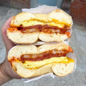 Greenberg’s Bagels - Vegan Bacon, Egg and Cheese with Hash Browns - Bagels Near Me - Brooklyn, New York Greenberg’s Bagels - Vegan Bacon, Egg and Cheese with Hash Browns - Bagels Near Me - Brooklyn, New York