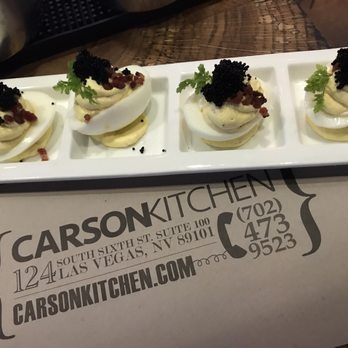 Carson Kitchen - Deviled eggs... probably the best we've EVER had!! With crispy pancetta and caviar. - New American Near Me - Las Vegas, Nevada Carson Kitchen - Deviled eggs... probably the best we've EVER had!! With crispy pancetta and caviar. - New American Near Me - Las Vegas, Nevada