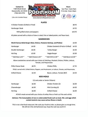 Menu photo 6 Dawsonville Pool Room Dawsonville, GA
