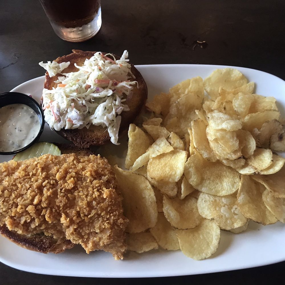 Boatwerks Waterfront Restaurant - Walleye sandwich with chips - American Near Me - Holland, Michigan