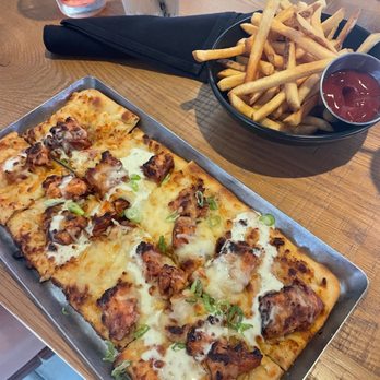 Alter Brewing + Kitchen - BBQ chicken flatbread, side of fries - Brewpubs Near Me - Saint Charles, Illinois