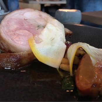 Nightbird - Tasting Menu Course #4: Rabbit Roulade, bacon, summer squash, peach, vadouvan curry - New American Near Me - San Francisco, California Nightbird - Tasting Menu Course #4: Rabbit Roulade, bacon, summer squash, peach, vadouvan curry - New American Near Me - San Francisco, California