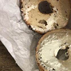 Bagel i asked sliced open not cut and this is the "extra" creamcheese i paid for lol