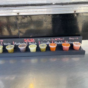 El Camion - Salsa in order of spiciness - isn't it beautiful? - Food Trucks Near Me - Seattle, Washington