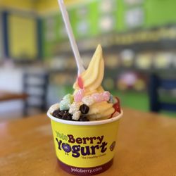 Yoloberry Yogurt - Dole whip with mochi, choc chips, sliced almonds and strawberries