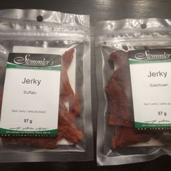 Stemmler Meats - Beef jerky. The price is $7.99 for 85g. These are smaller bags my brother got as part of a beef jerky subscription-type box.