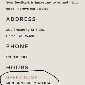 Crush - Website hours. Showed up at 6:05pm (took picture at 6:15pm-clearly ) and we were told happy hour ended at 6pm. - Lounges Near Me - Chico, California Crush - Website hours. Showed up at 6:05pm (took picture at 6:15pm-clearly ) and we were told happy hour ended at 6pm. - Lounges Near Me - Chico, California