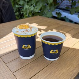 Left, orange marzipan latte (whole milk by default). Right 8 oz americano Left, orange marzipan latte (whole milk by default). Right 8 oz americano