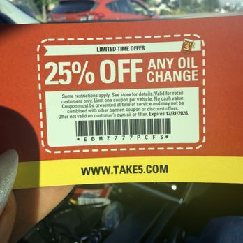 Take 5 Oil Change - Manager was nice enough to give us a 25% off coupon. I definitely recommend getting your oil changed at take 5 - Oil Change Stations Near Me - Sparks, Nevada Take 5 Oil Change - Manager was nice enough to give us a 25% off coupon. I definitely recommend getting your oil changed at take 5 - Oil Change Stations Near Me - Sparks, Nevada