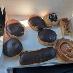 Maple bacon creme filled donut, chocolate creme filled donuts