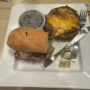 McAlister's Deli - 1/2 Roast beef spud and Memphian half sandwich. This isn't a 'key size' sandwich. - Salad Near Me - Frisco, Texas McAlister's Deli - 1/2 Roast beef spud and Memphian half sandwich. This isn't a 'key size' sandwich. - Salad Near Me - Frisco, Texas