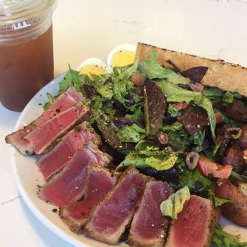 Crafted Greens - Niçoise salad with Cajun seared ahi and unsweetened mango black tea - American Near Me - El Cajon, California Crafted Greens - Niçoise salad with Cajun seared ahi and unsweetened mango black tea - American Near Me - El Cajon, California