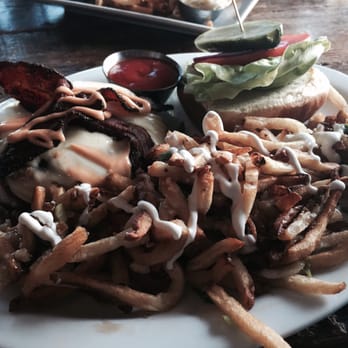 Brewology - Speonk - Turkey burger with bacon cheese and poutine fries - New American Near Me - Speonk, New York Brewology - Speonk - Turkey burger with bacon cheese and poutine fries - New American Near Me - Speonk, New York