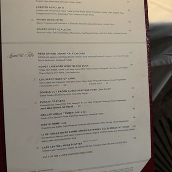 Cafe Central - A restaurant menu featuring seafood, chicken, lamb, pork, and steak options with detailed descriptions and prices, including lobster, salmon, duck, and beef dishes. - Salad Near Me - El Paso, Texas