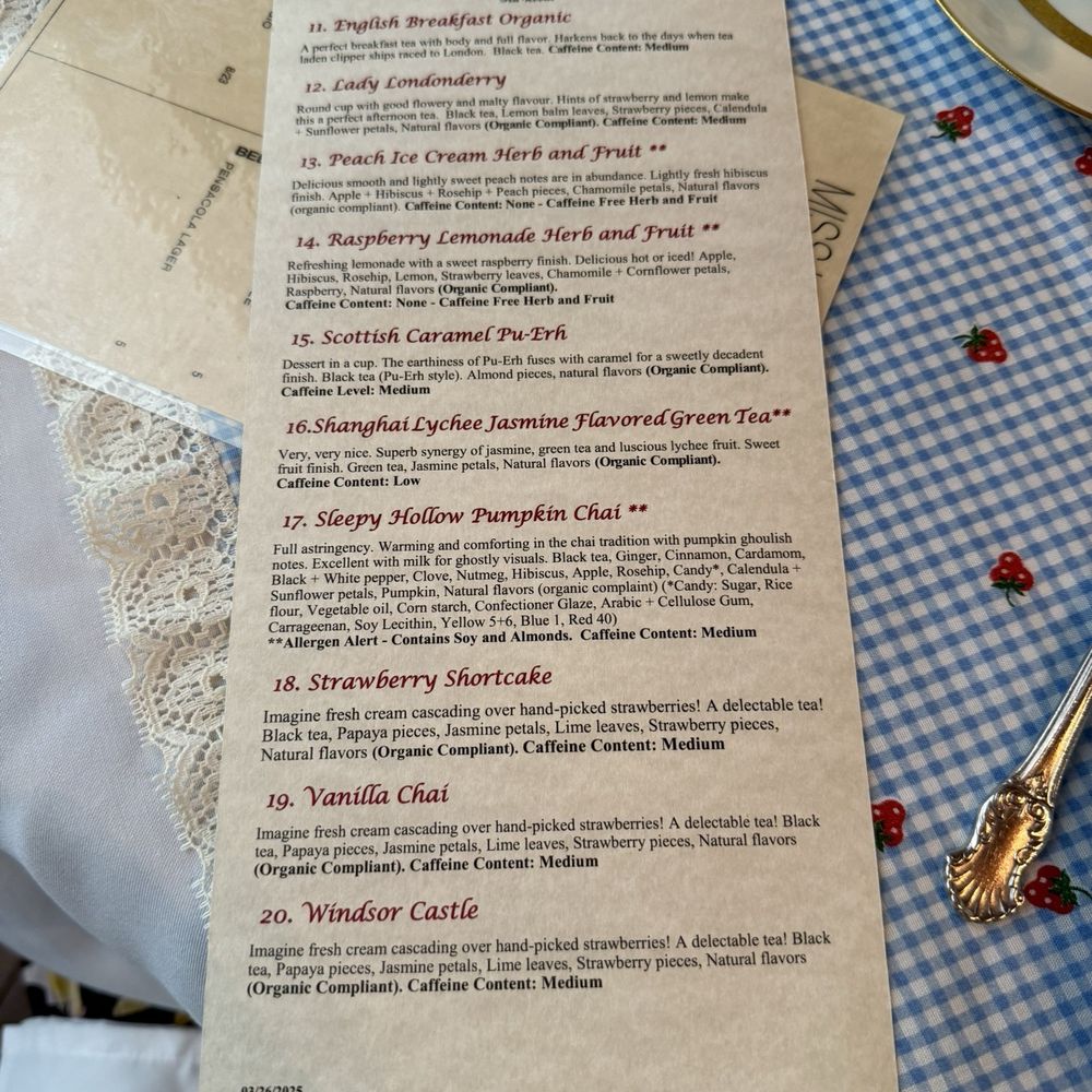 Miss Luci's Tea Room & More - Page two of tea choices. - Tea Rooms Near Me - Bagdad, Florida