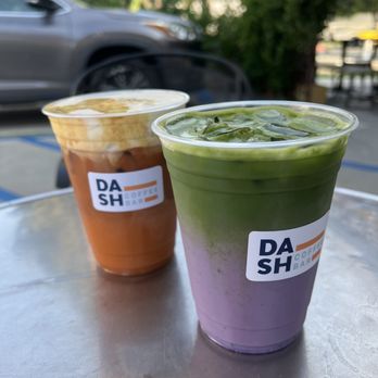 Dash Coffee Bar - Dirty Thai Tea Latte Iced and Matcha Ube Latte Iced - Coffee & Tea Near Me - Pasadena, California Dash Coffee Bar - Dirty Thai Tea Latte Iced and Matcha Ube Latte Iced - Coffee & Tea Near Me - Pasadena, California