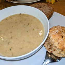 The Wild Olive Tree - Cauliflower, Cheddar & Sage Soup w.Walnut & Caramelized Onion Scone on the side. £6.65