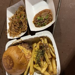 Smash burger, kimchi gravy, fried enoki mushrooms