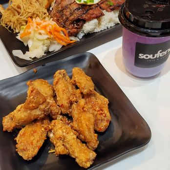 Soufend Cafe & Eatery - Broken rice plate (top left), taro milk w/ube cream (right), fried chicken w/ fish sauce (bottom) - Cafes Near Me - Seattle, Washington