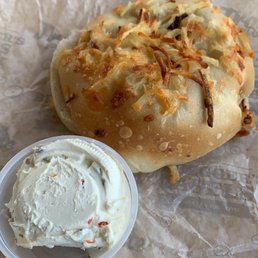 Cheesy hash brown bagel with olive pimento cream cheese Cheesy hash brown bagel with olive pimento cream cheese