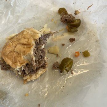 Johnnie's Beef - Beef with giardinera that is almost gone. - Hot Dogs Near Me - Arlington Heights, Illinois Johnnie's Beef - Beef with giardinera that is almost gone. - Hot Dogs Near Me - Arlington Heights, Illinois