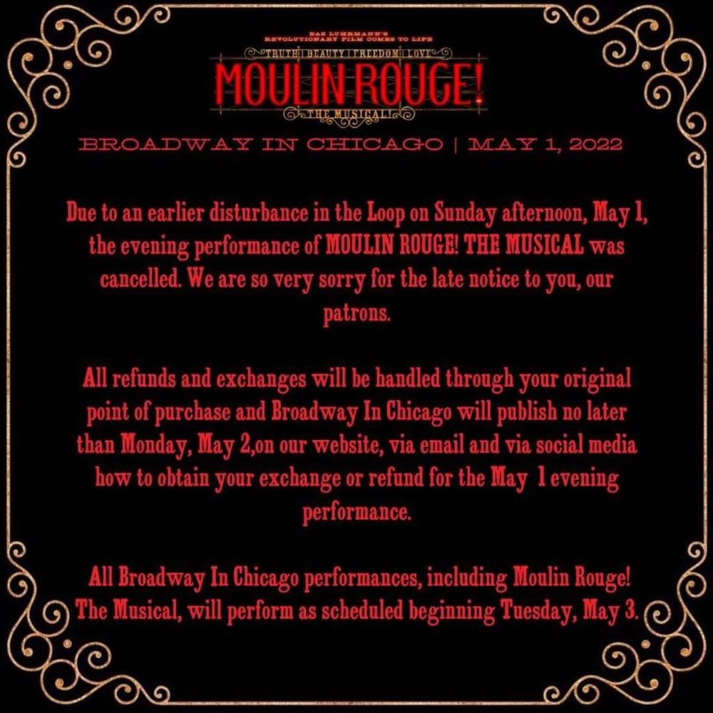 Broadway in Chicago -. Theater notification performance cancellation. The disturbance was two employees it got shot at the theater Broadway in Chicago -. Theater notification performance cancellation. The disturbance was two employees it got shot at the theater