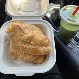 Croissant-wich with ham (+$0.75) and matcha latte with oat milk (+$0.50). Croissant-wich with ham (+$0.75) and matcha latte with oat milk (+$0.50).