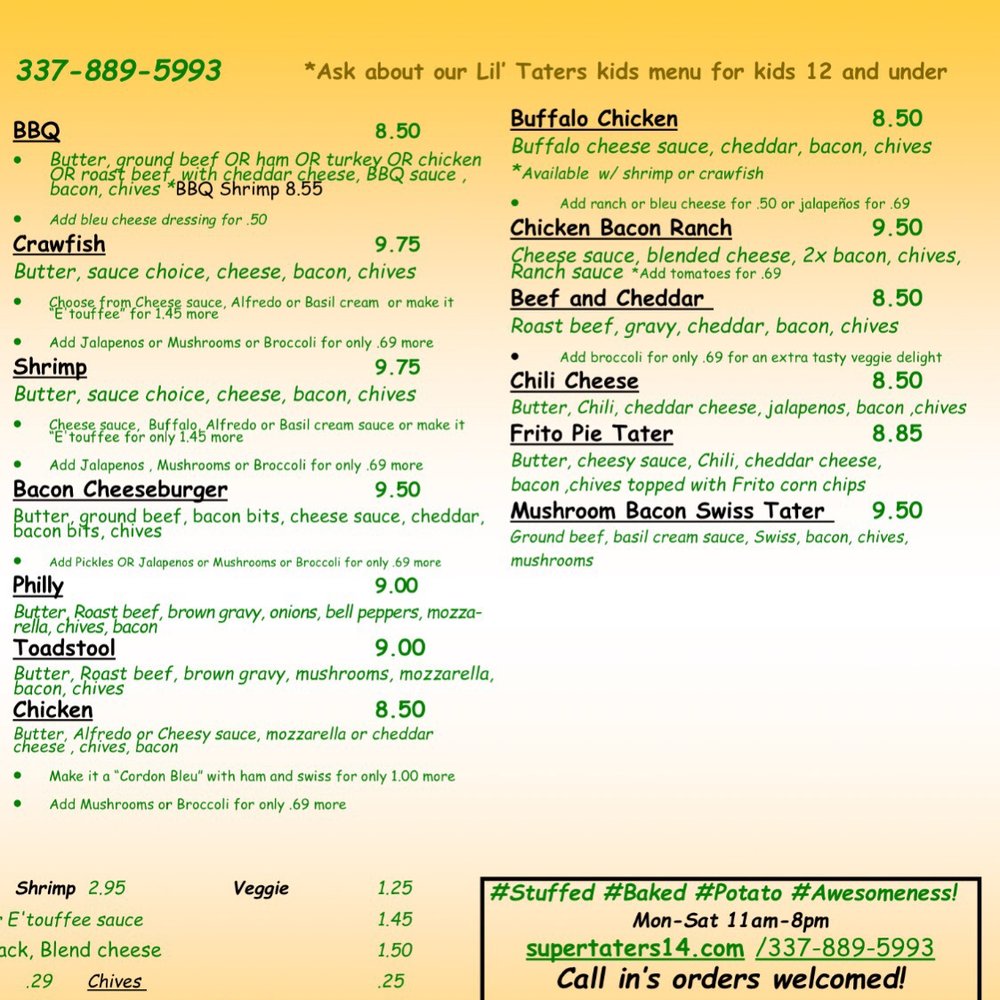 Super Taters - The menu (short version)...4of4 - New American Near Me - Scott, Louisiana Super Taters - The menu (short version)...4of4 - New American Near Me - Scott, Louisiana