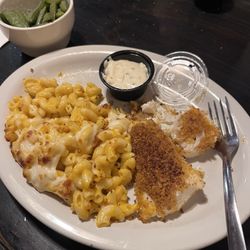 Joey's Restaurant - Cajun breaded fish with Mac and cheese and sugar snap peas