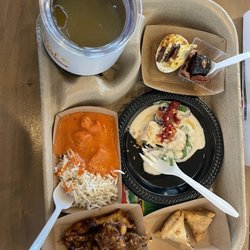 Katy Taste Fest - Full tray- Mimosa, deviled egg, whiskey cake, Mediterranean chicken,butter chicken, Samosa, and onion fritters