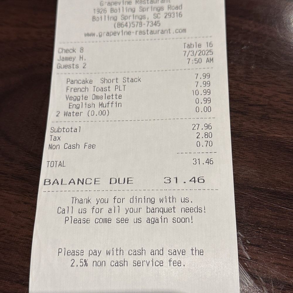 Grapevine Restaurant - Check receipt - Greek Near Me - Boiling Springs, South Carolina