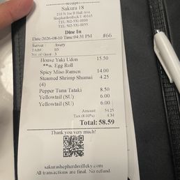 Bill come out not expensive. Big portion still we have to ask to go box. Bill come out not expensive. Big portion still we have to ask to go box.