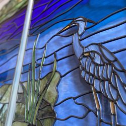Unique Art Glass - Landscape panels with heron and Pacific Northwest aquatic theme