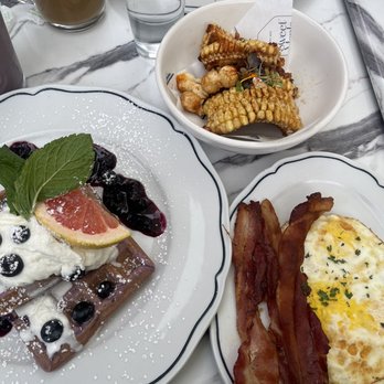 Sweet Maple - Blueberry Moffle with a side of bacon and eggs (all gluten free) and the crispy fried corn (also gluten free) - Breakfast & Brunch Near Me - Cupertino, California Sweet Maple - Blueberry Moffle with a side of bacon and eggs (all gluten free) and the crispy fried corn (also gluten free) - Breakfast & Brunch Near Me - Cupertino, California