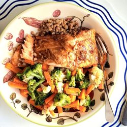 Hanover Lobster & Seafood - Baked salmon with a low-sodium soy and stem ginger dressing served with farro and a medley of vegetables.
