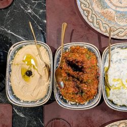 Agha Turkish Restaurant - Ottawa - Mixed tray of appetizers: hummus, ezme, cacik with bread