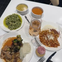 Pasta bar with pesto and marinara pasta. Soups