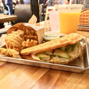 Bruxie - Avocado, cheddar, eggs, pesto, on waffle slices. Wow. The fries are also incredible! - Sandwiches Near Me - Orange, California Bruxie - Avocado, cheddar, eggs, pesto, on waffle slices. Wow. The fries are also incredible! - Sandwiches Near Me - Orange, California