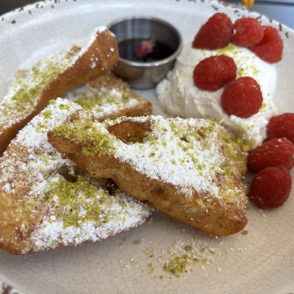 Mr Gyros - French toast (with pistachio and rose water and a delicious flavorful whipped cream) - Mediterranean Near Me - Seattle, Washington Mr Gyros - French toast (with pistachio and rose water and a delicious flavorful whipped cream) - Mediterranean Near Me - Seattle, Washington