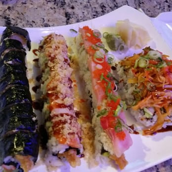 Wasabi House - Left to right, double stack, soft shell crab, (ummm?), and volcano. - Sushi Bars Near Me - Atlanta, Georgia Wasabi House - Left to right, double stack, soft shell crab, (ummm?), and volcano. - Sushi Bars Near Me - Atlanta, Georgia